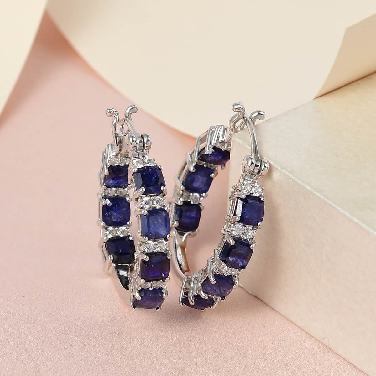 Asscher Cut Masoala Sapphire (FF) and White Zircon Inside Out Hoop Earrings in Platinum Over Sterling Silver 7.65 ctw image number 1