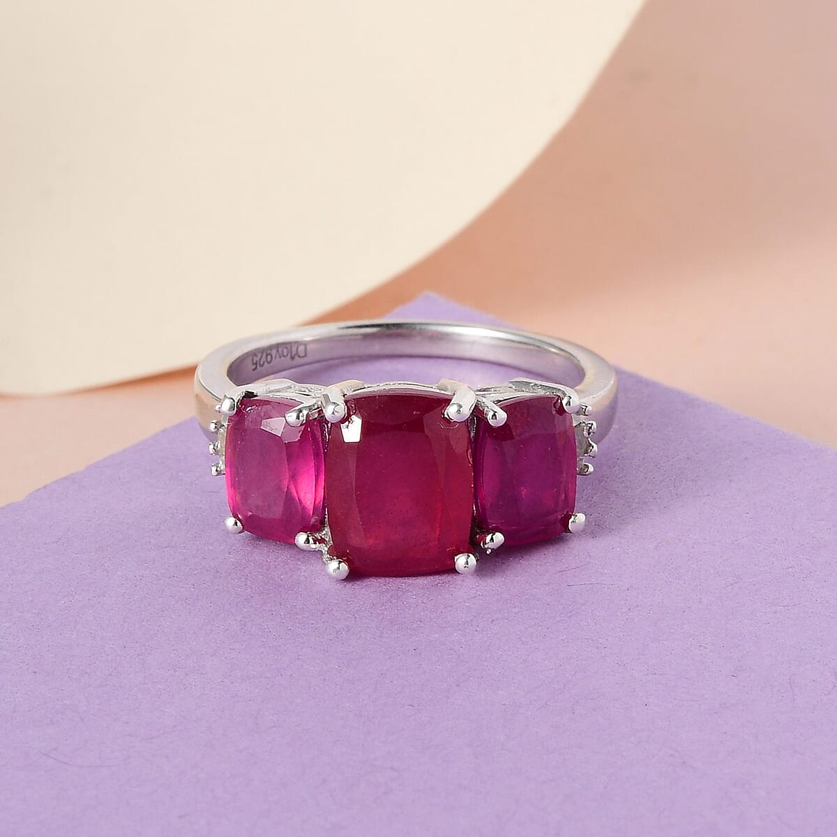 Niassa Ruby (FF) and Diamond 3 Stone Ring in Platinum Over Sterling Silver 6.35 ctw image number 1