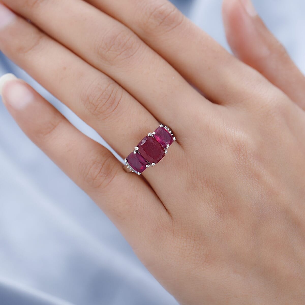 Niassa Ruby (FF) and Diamond 3 Stone Ring in Platinum Over Sterling Silver 6.35 ctw image number 2