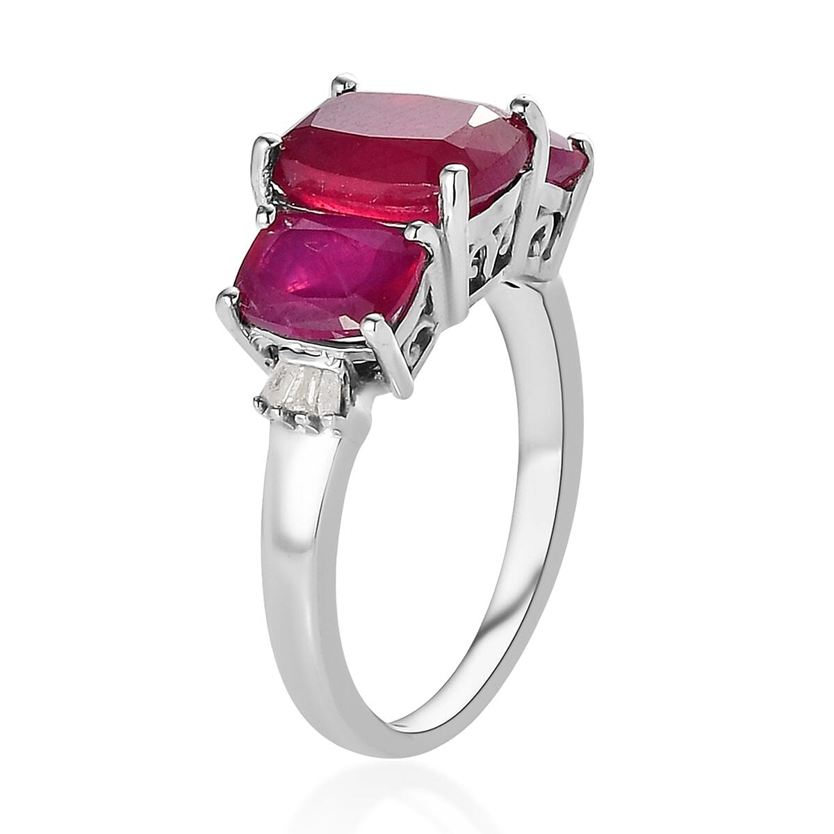 Niassa Ruby (FF) and Diamond 3 Stone Ring in Platinum Over Sterling Silver 6.35 ctw image number 3