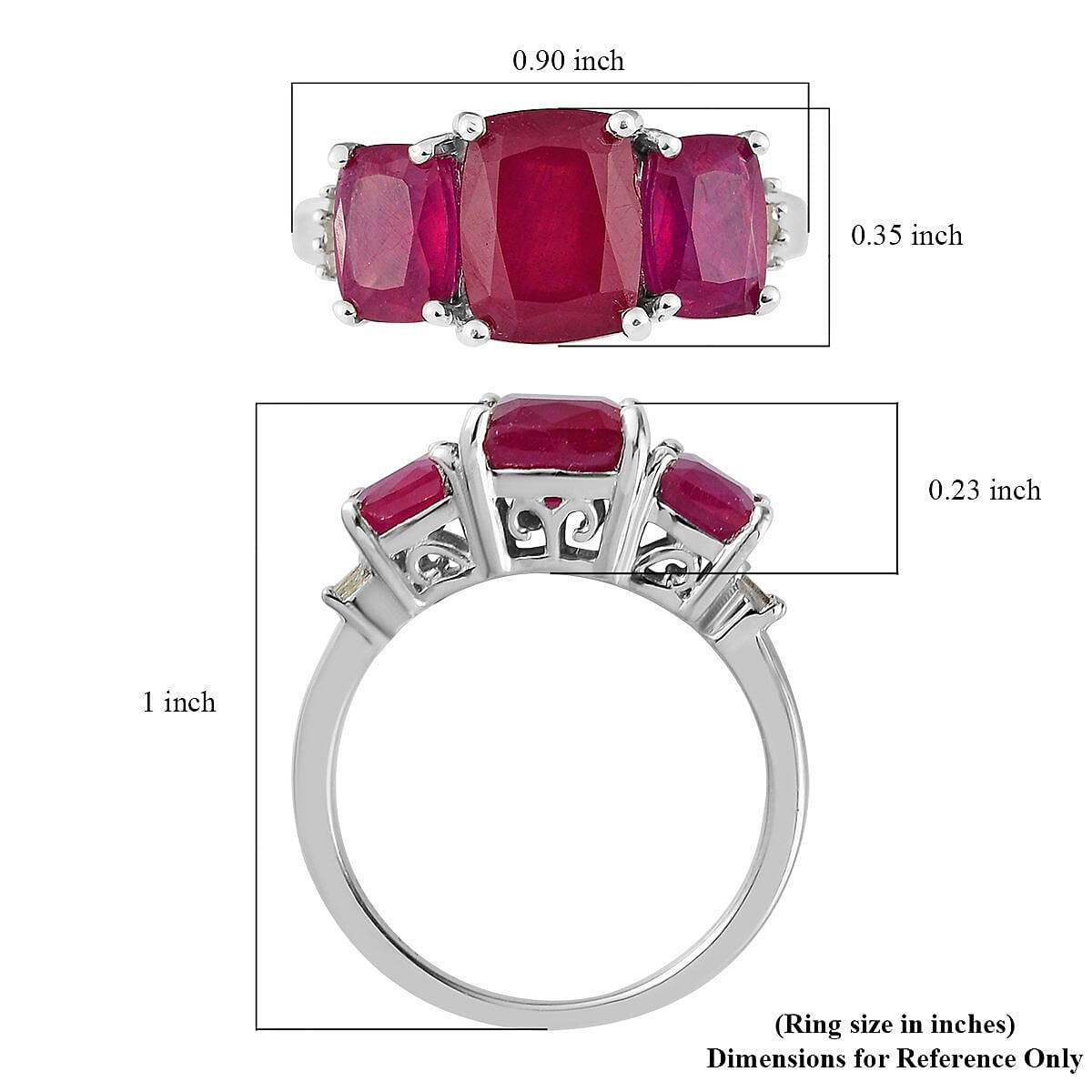 Niassa Ruby (FF) and Diamond 3 Stone Ring in Platinum Over Sterling Silver 6.35 ctw image number 5