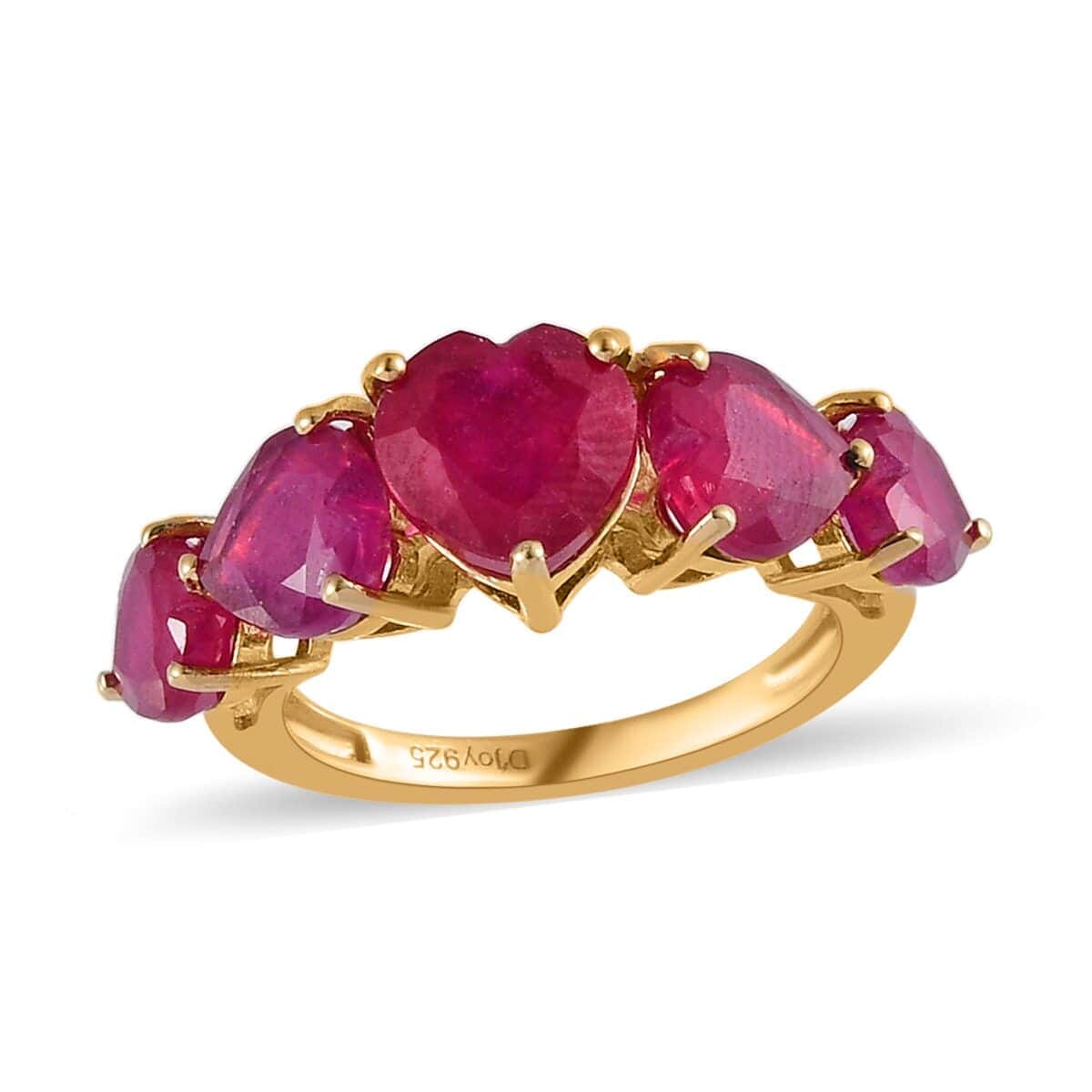Niassa Ruby (FF) 5 Stone Heart Ring in Vermeil Yellow Gold Over Sterling Silver 8.75 ctw image number 0