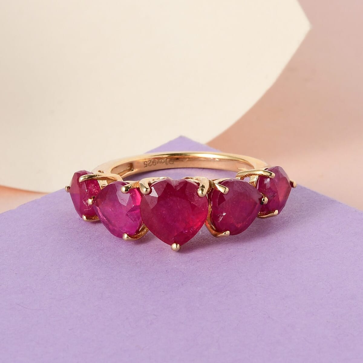 Niassa Ruby (FF) 5 Stone Heart Ring in Vermeil Yellow Gold Over Sterling Silver 8.75 ctw image number 1