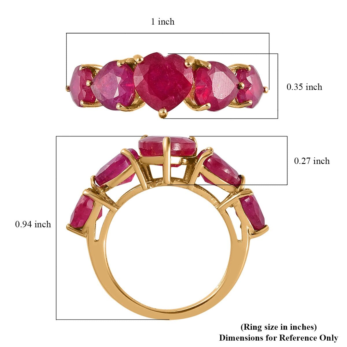 Niassa Ruby (FF) 5 Stone Heart Ring in Vermeil Yellow Gold Over Sterling Silver 8.75 ctw image number 5