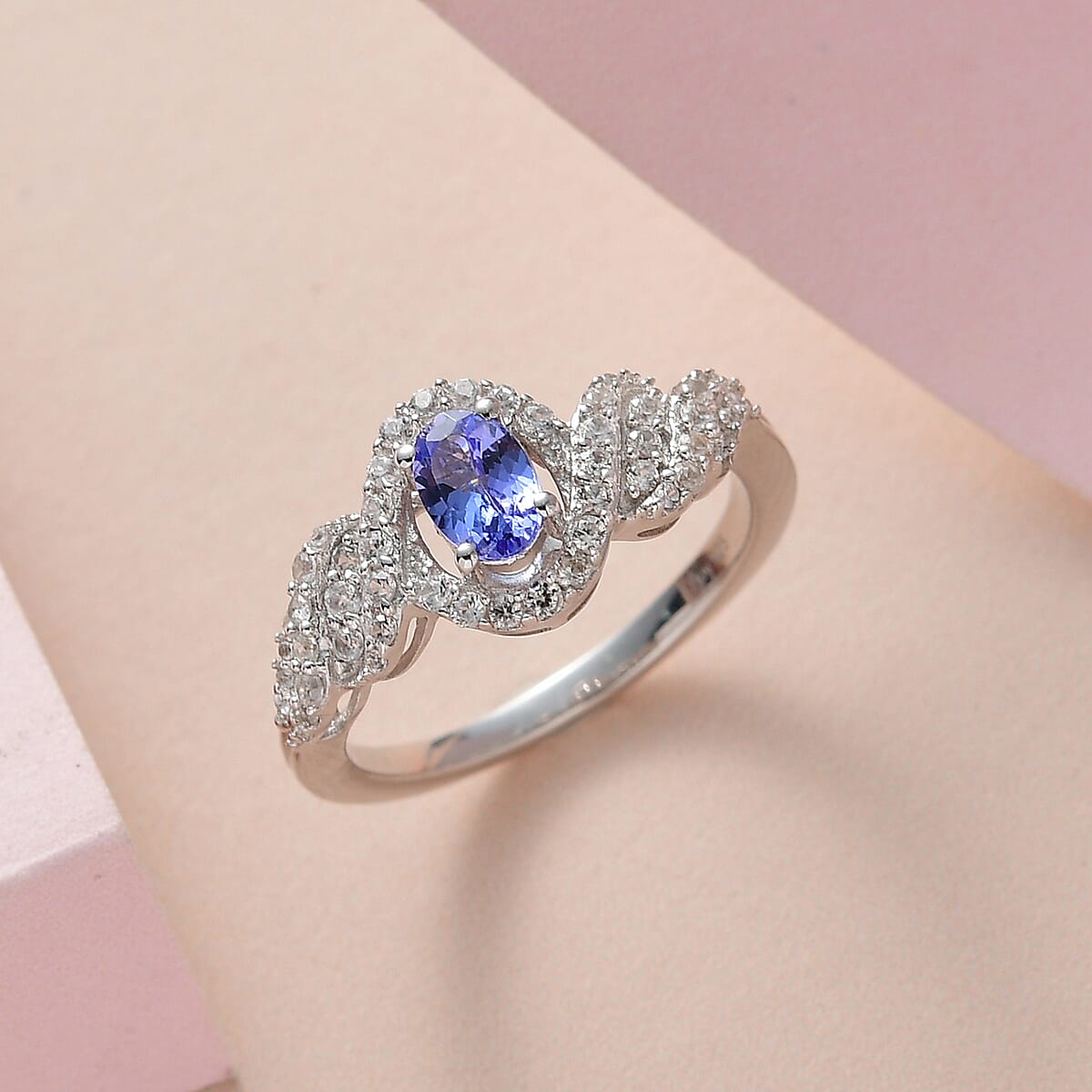 AAA Tanzanite and White Zircon Ring in Platinum Over Sterling Silver (Size 8.0) 1.10 ctw image number 1