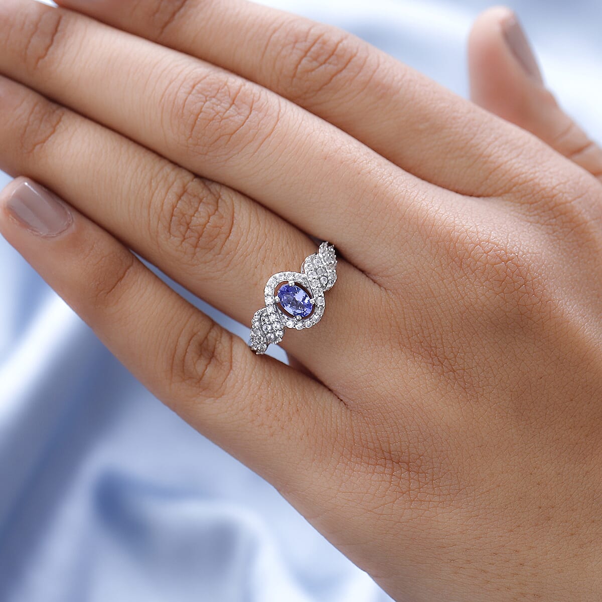 AAA Tanzanite and White Zircon Ring in Platinum Over Sterling Silver (Size 8.0) 1.10 ctw image number 2