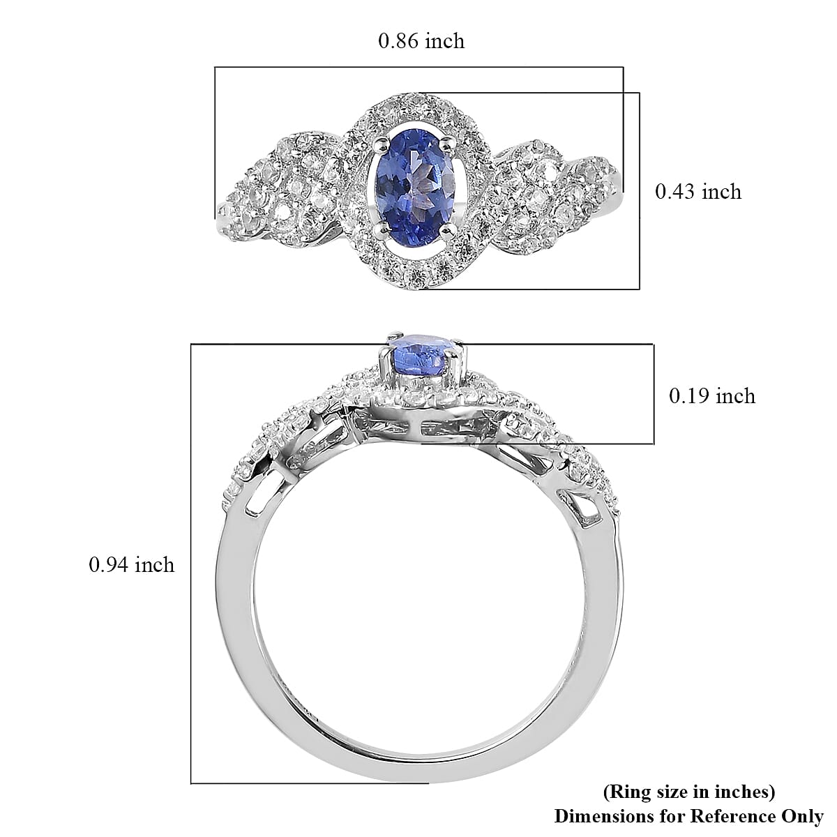 AAA Tanzanite and White Zircon Ring in Platinum Over Sterling Silver (Size 8.0) 1.10 ctw image number 5