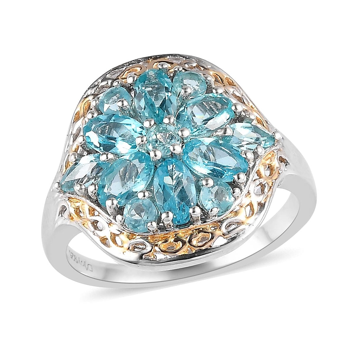 Madagascar Paraiba Apatite Floral Ring in Vermeil Yellow Gold and Platinum Over Sterling Silver (Size 10.0) 2.15 ctw
