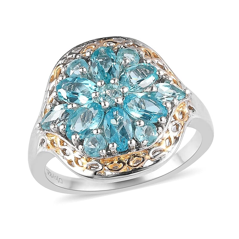 Madagascar Paraiba Apatite Floral Ring in Vermeil Yellow Gold and Platinum Over Sterling Silver (Size 10.0) 2.15 ctw