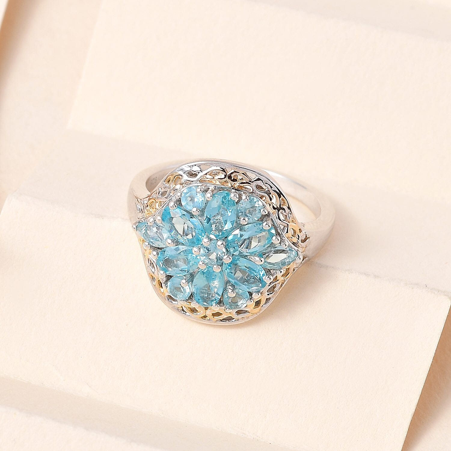 Madagascar Paraiba Apatite Floral Ring in Vermeil Yellow Gold and Platinum Over Sterling Silver (Size 10.0) 2.15 ctw