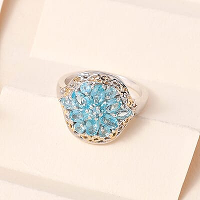 Madagascar Paraiba Apatite Floral Ring in Vermeil Yellow Gold and Platinum Over Sterling Silver (Size 10.0) 2.15 ctw