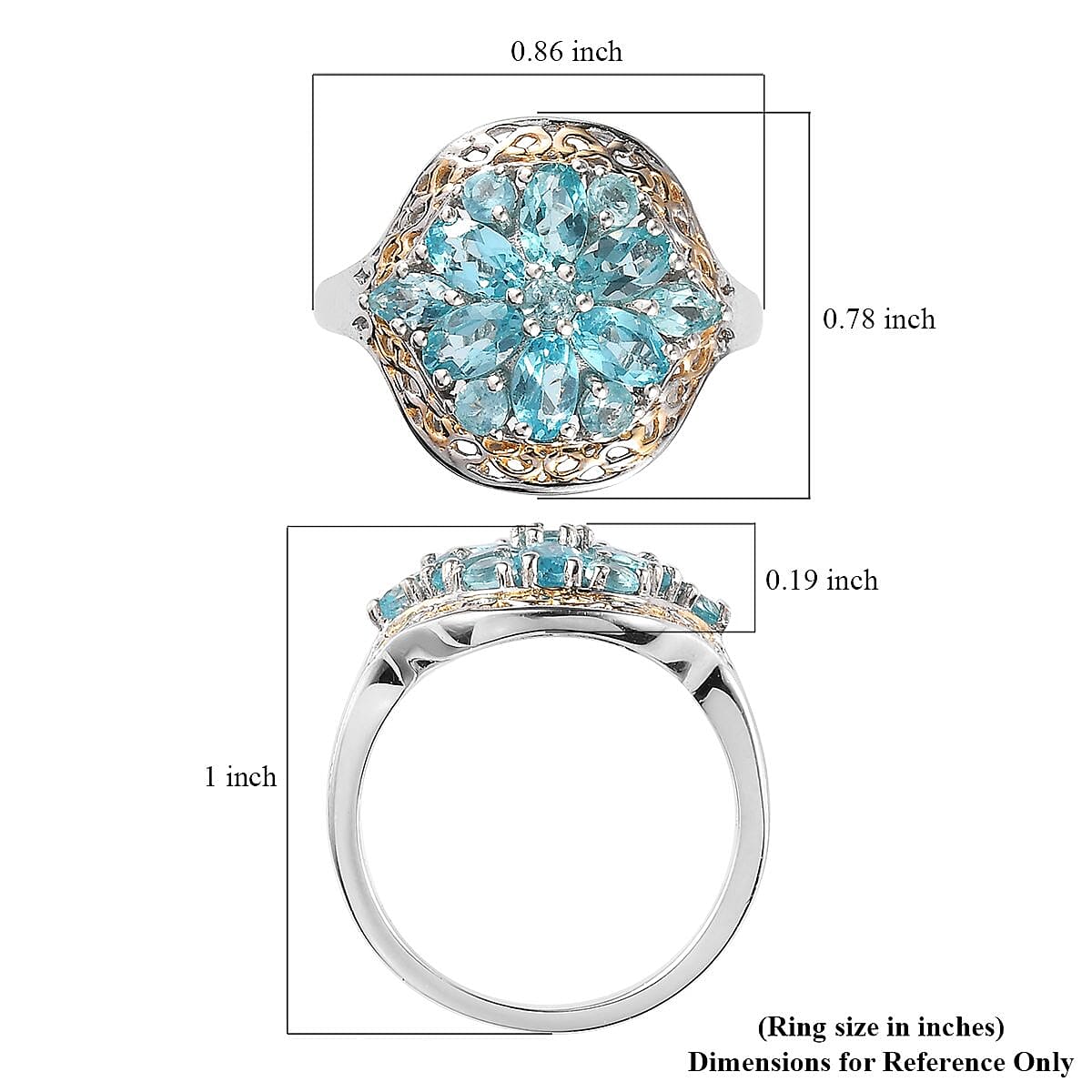 Madagascar Paraiba Apatite Floral Ring in Vermeil Yellow Gold and Platinum Over Sterling Silver (Size 10.0) 2.15 ctw