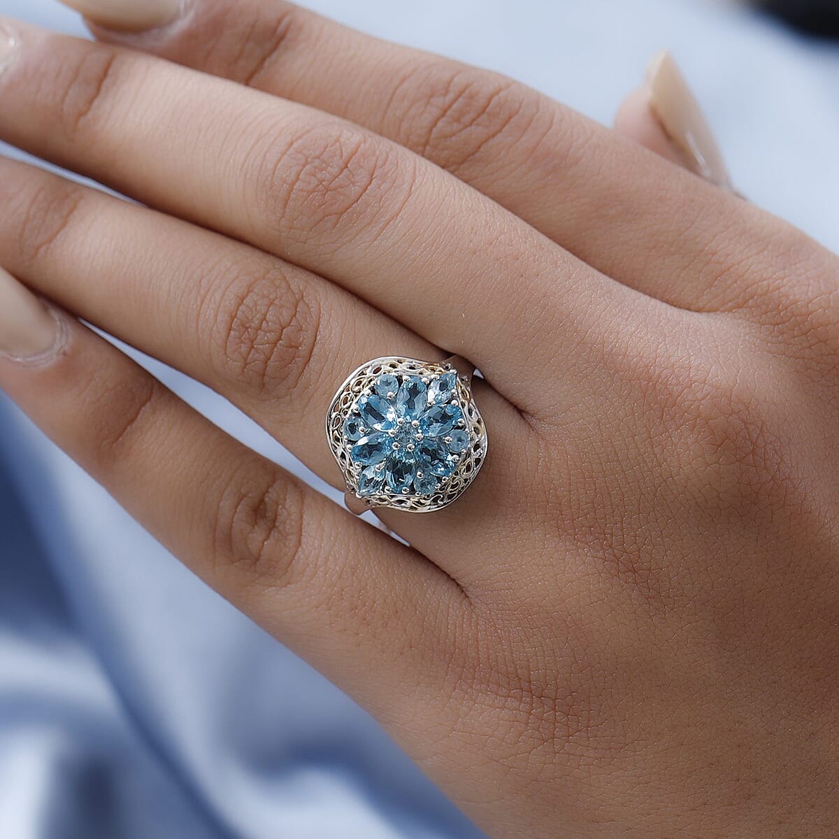 Betroka Blue Apatite Floral Ring in Vermeil Yellow Gold and Platinum Over Sterling Silver (Size 7.0) 2.15 ctw image number 2