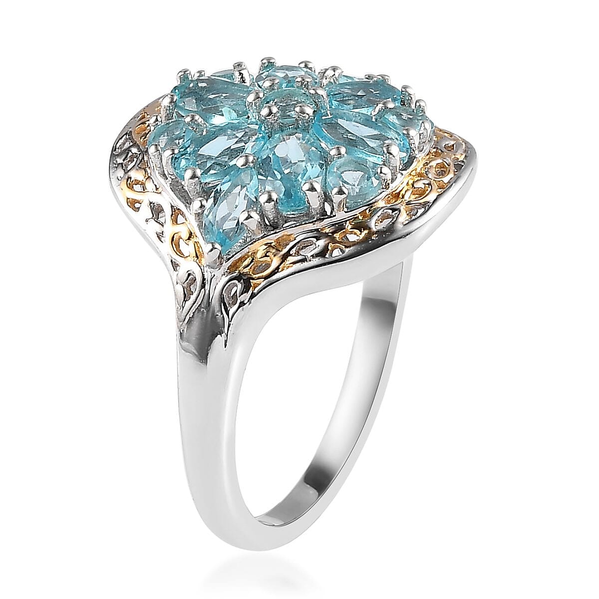 Betroka Blue Apatite Floral Ring in Vermeil Yellow Gold and Platinum Over Sterling Silver (Size 7.0) 2.15 ctw image number 3