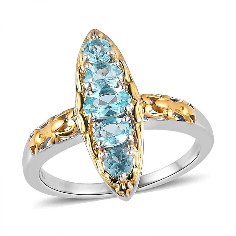 Madagascar Paraiba Apatite Elongated Ring in Vermeil Yellow Gold and Platinum Over Sterling Silver (Size 10.0) 0.75 ctw