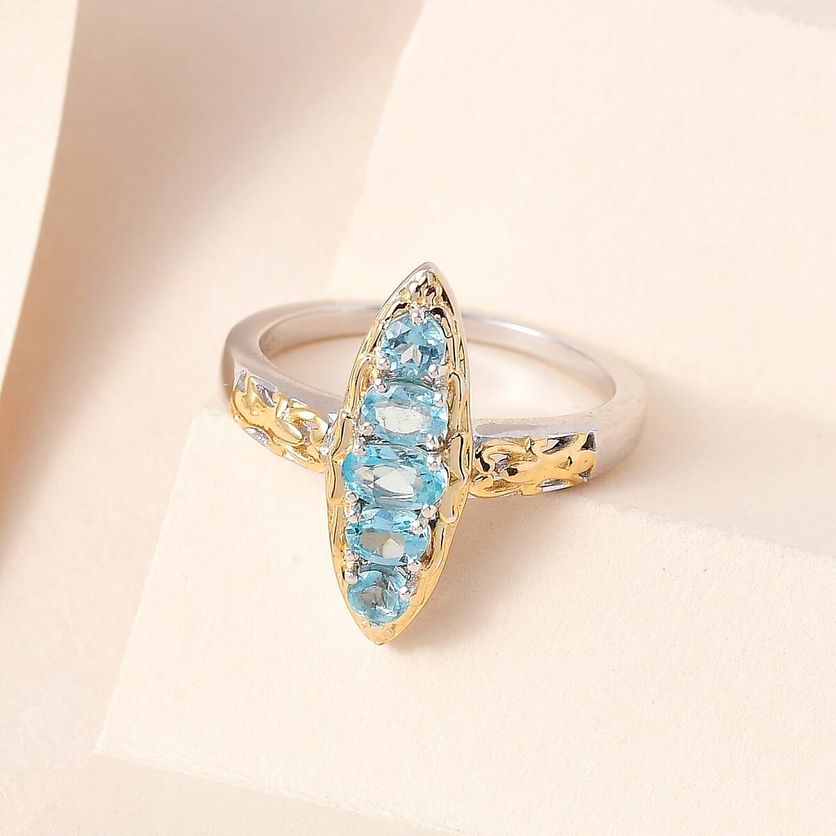 Madagascar Paraiba Apatite Elongated Ring in Vermeil Yellow Gold and Platinum Over Sterling Silver 0.75 ctw image number 1