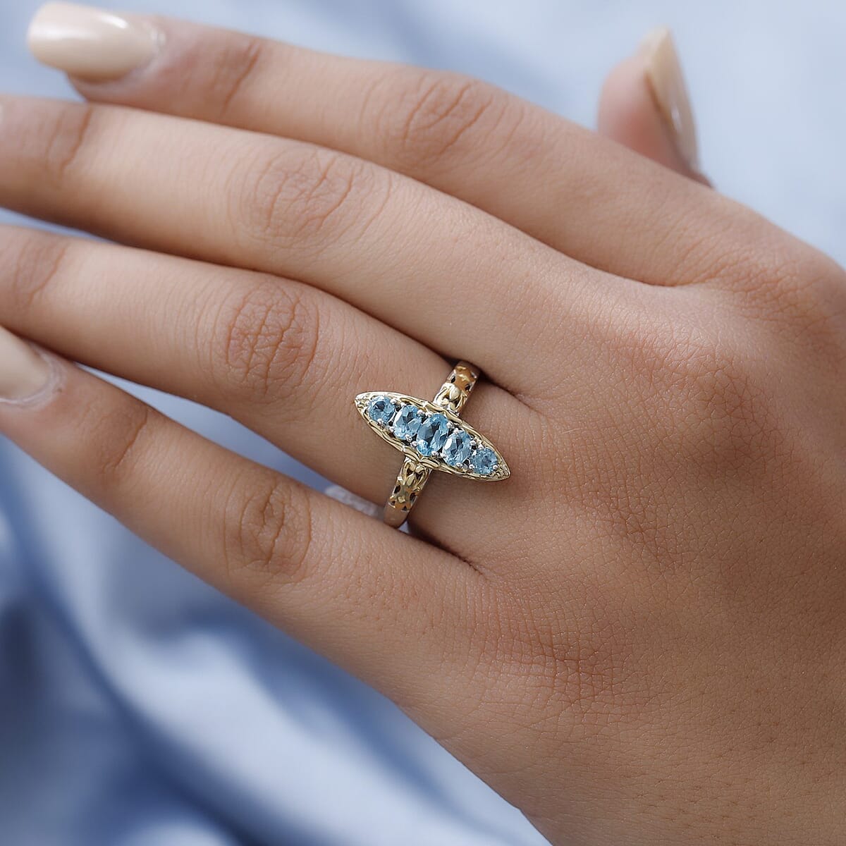 Madagascar Paraiba Apatite Elongated Ring in Vermeil Yellow Gold and Platinum Over Sterling Silver 0.75 ctw image number 2