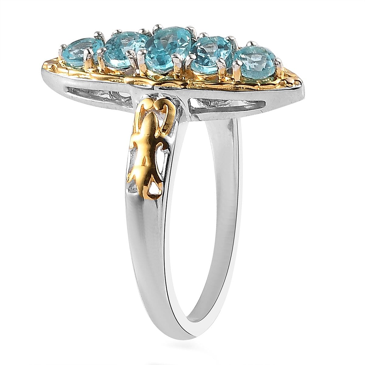 Madagascar Paraiba Apatite Elongated Ring in Vermeil Yellow Gold and Platinum Over Sterling Silver 0.75 ctw image number 3