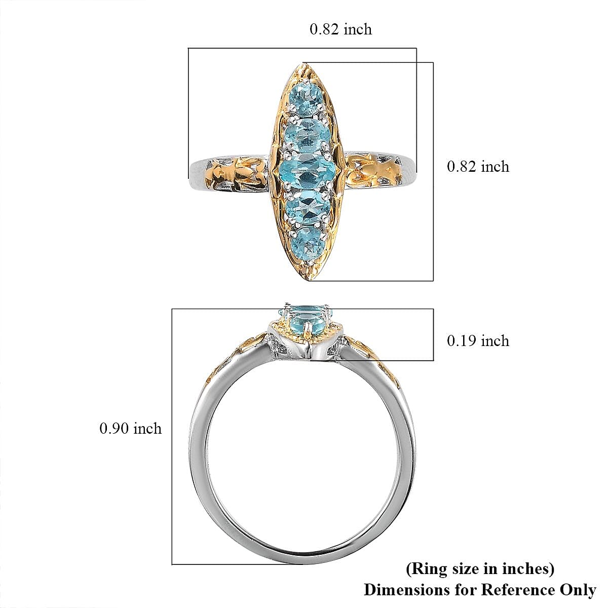 Madagascar Paraiba Apatite Elongated Ring in Vermeil Yellow Gold and Platinum Over Sterling Silver (Size 10.0) 0.75 ctw