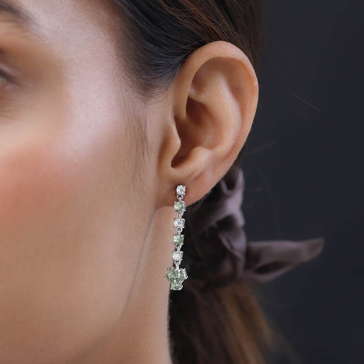 Ambanja Demantoid Garnet and Moissanite Dangling Earrings in Platinum Over Sterling Silver 2.90 ctw image number 2