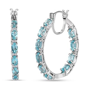 Betroka Blue Apatite and Moissanite 4.90 ctw Earrings in Platinum Over Sterling Silver, Moissanite Inside Out Hoops, Moissanite Silver Hoops, Birthday Gifts For Her