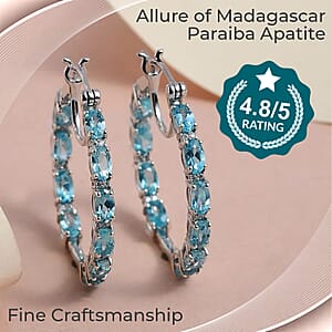 Betroka Blue Apatite and Moissanite 4.90 ctw Earrings in Platinum Over Sterling Silver, Moissanite Inside Out Hoops, Moissanite Silver Hoops, Birthday Gifts For Her