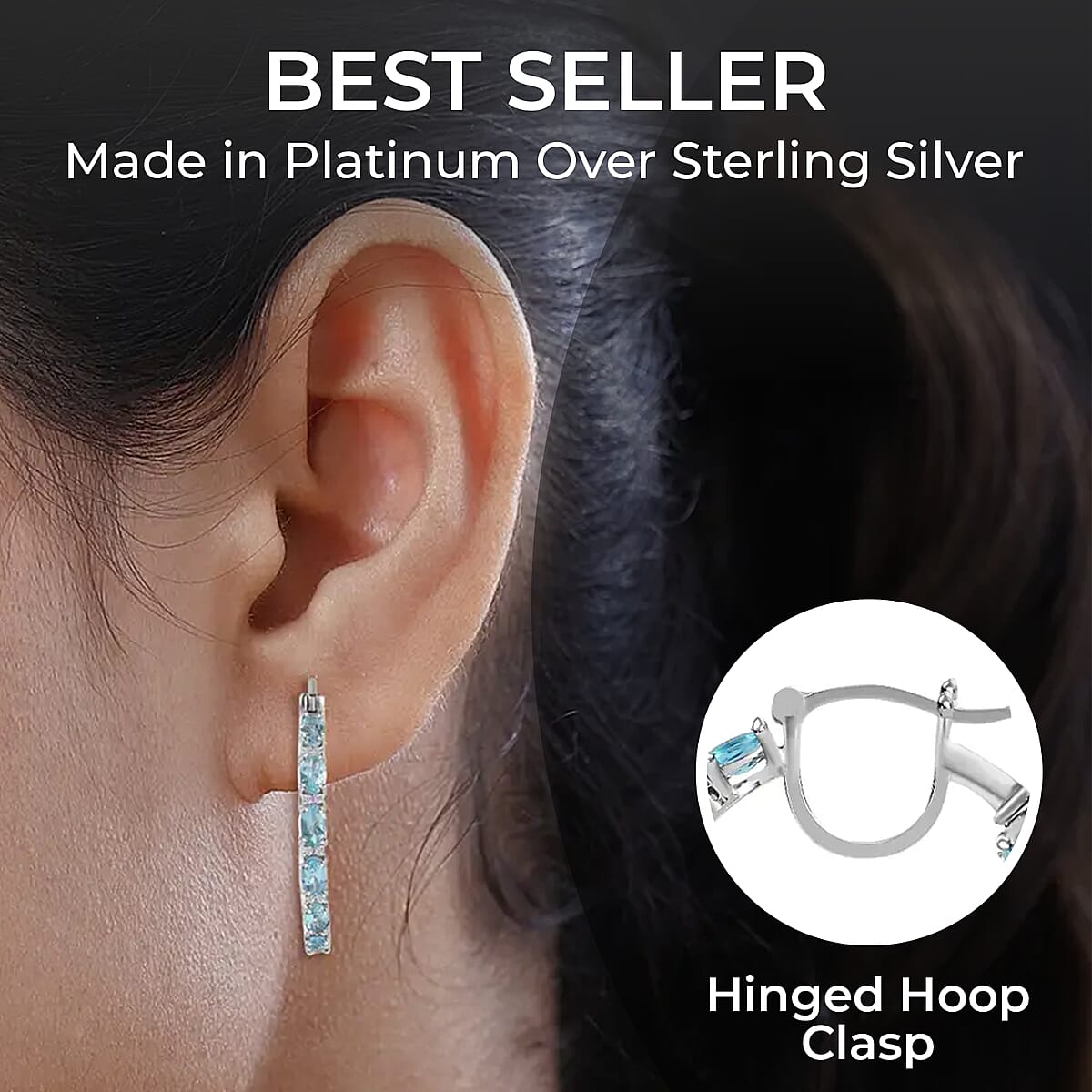 Betroka Blue Apatite and Moissanite 4.90 ctw Earrings in Platinum Over Sterling Silver, Moissanite Inside Out Hoops, Moissanite Silver Hoops, Birthday Gifts For Her image number 2