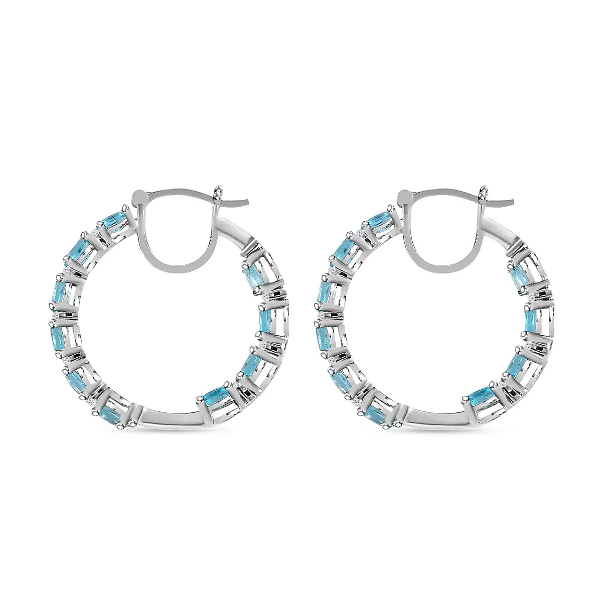 Betroka Blue Apatite and Moissanite 4.90 ctw Earrings in Platinum Over Sterling Silver, Moissanite Inside Out Hoops, Moissanite Silver Hoops, Birthday Gifts For Her image number 3