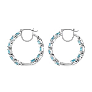Betroka Blue Apatite and Moissanite 4.90 ctw Earrings in Platinum Over Sterling Silver, Moissanite Inside Out Hoops, Moissanite Silver Hoops, Birthday Gifts For Her