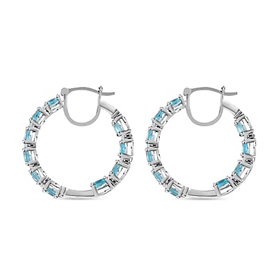 Betroka Blue Apatite and Moissanite 4.90 ctw Earrings in Platinum Over Sterling Silver, Moissanite Inside Out Hoops, Moissanite Silver Hoops, Birthday Gifts For Her