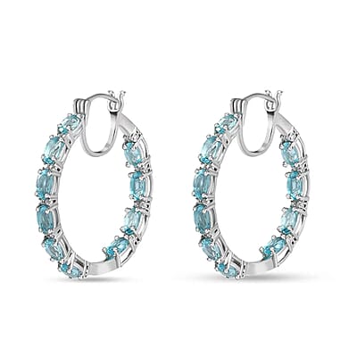 Betroka Blue Apatite and Moissanite 4.90 ctw Earrings in Platinum Over Sterling Silver, Moissanite Inside Out Hoops, Moissanite Silver Hoops, Birthday Gifts For Her