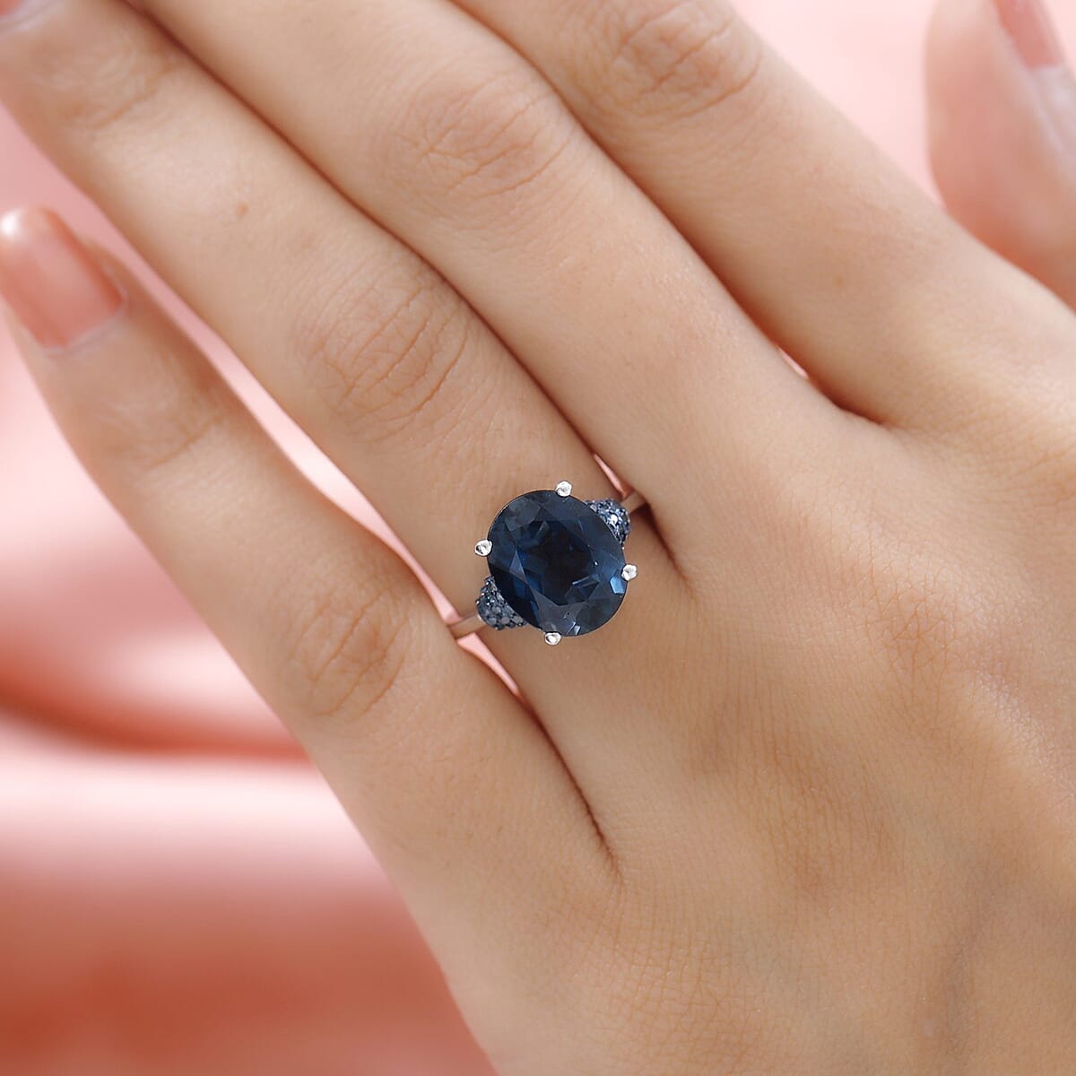 London Blue Topaz and Blue Diamond Ring in Platinum Over Sterling Silver 5.70 ctw image number 2