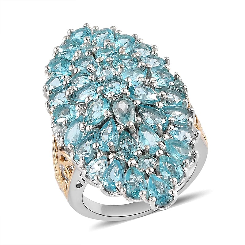 Madagascar Paraiba Apatite Elongated Ring in Vermeil Yellow Gold and Platinum Over Sterling Silver (Size 10.0) 8.50 ctw