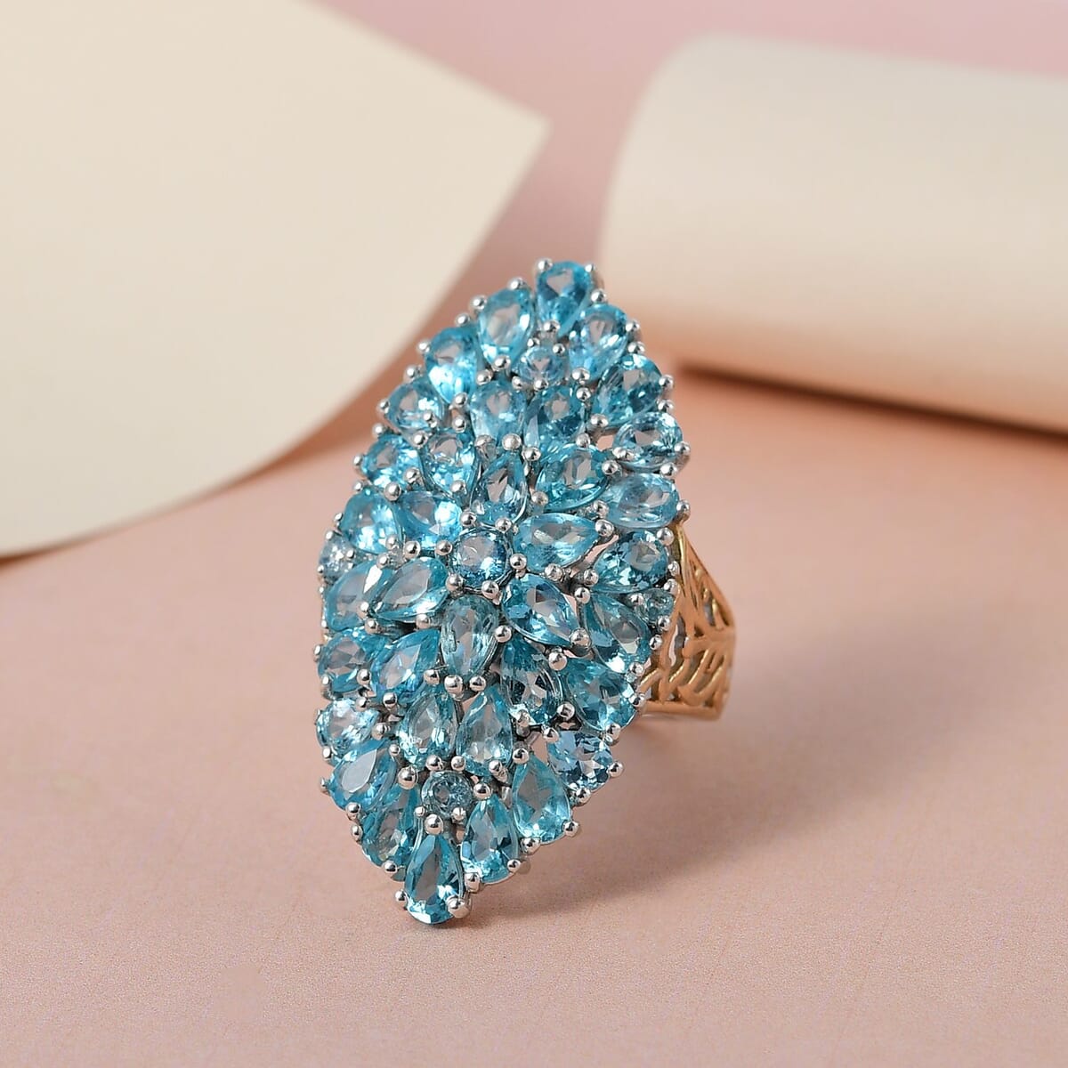 Madagascar Paraiba Apatite Elongated Ring in Vermeil Yellow Gold and Platinum Over Sterling Silver 8.90 Grams 8.50 ctw (Delivery in 3-5 Business Days) image number 1