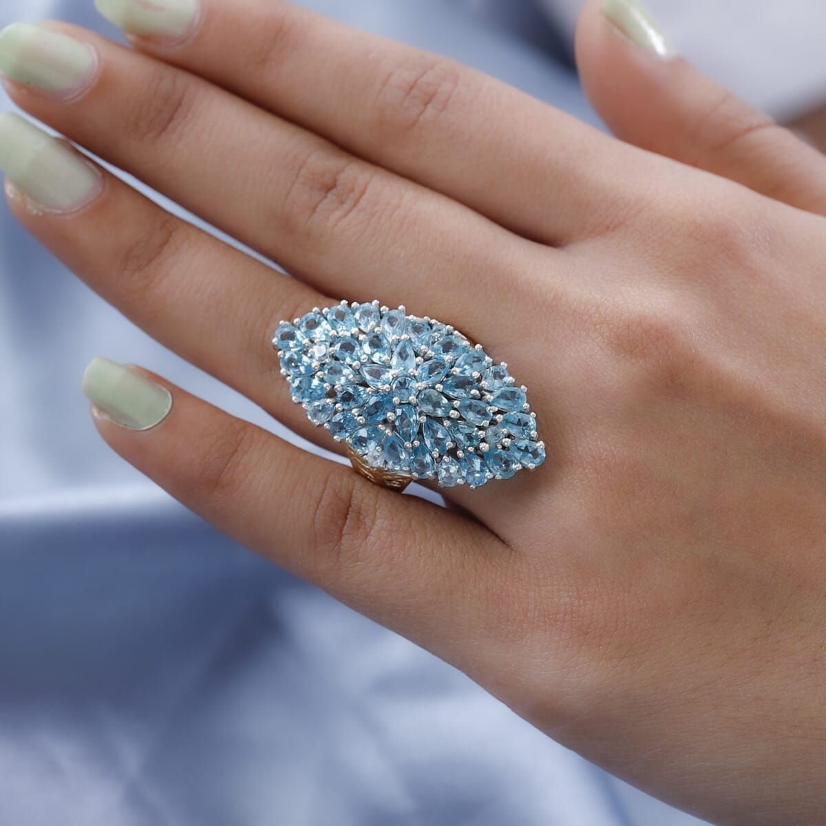 Madagascar Paraiba Apatite Elongated Ring in Vermeil Yellow Gold and Platinum Over Sterling Silver 8.90 Grams 8.50 ctw (Delivery in 3-5 Business Days) image number 2