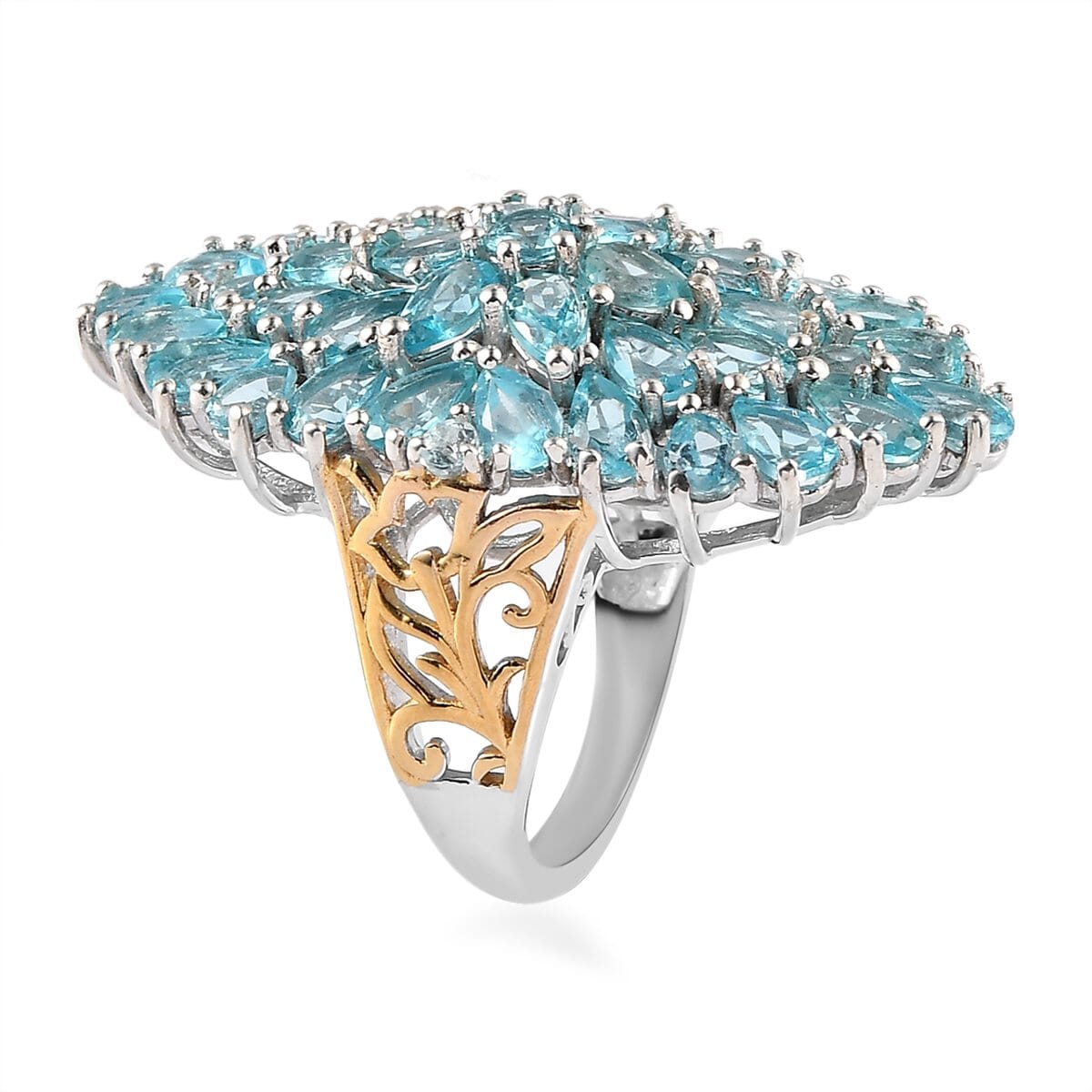 Madagascar Paraiba Apatite Elongated Ring in Vermeil Yellow Gold and Platinum Over Sterling Silver 8.90 Grams 8.50 ctw (Delivery in 3-5 Business Days) image number 3