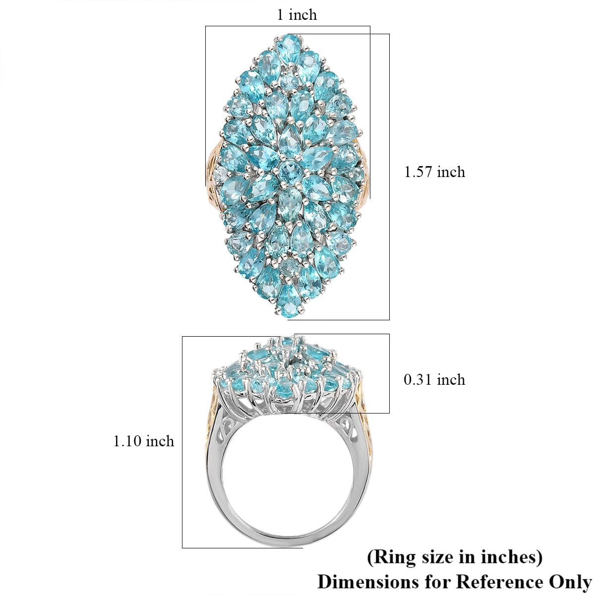 Madagascar Paraiba Apatite Elongated Ring in Vermeil Yellow Gold and Platinum Over Sterling Silver 8.90 Grams 8.50 ctw (Delivery in 3-5 Business Days) image number 5