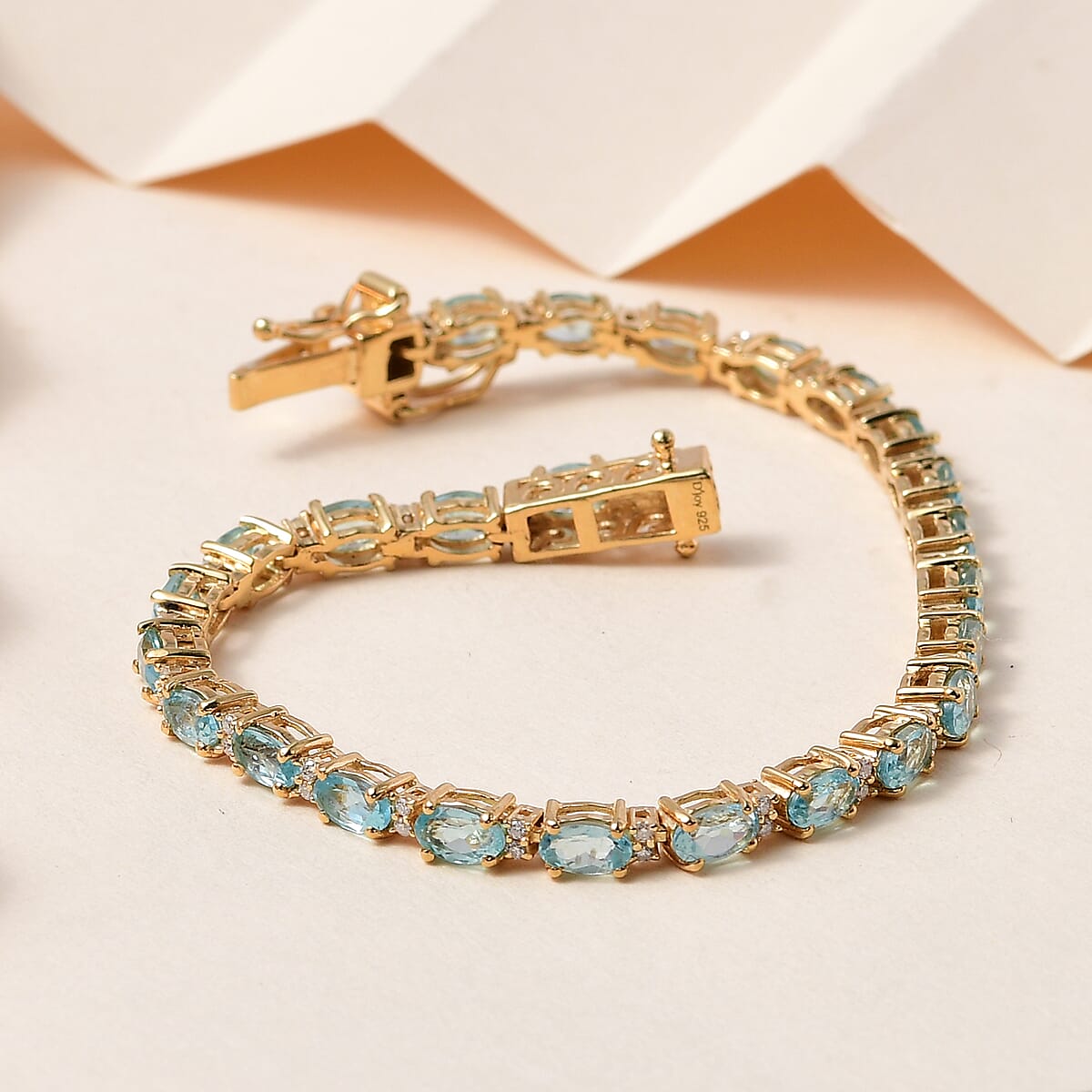 Madagascar Paraiba Apatite and Moissanite Tennis Bracelet in Vermeil Yellow Gold Over Sterling Silver (7.25 In) 7.60 Grams 7.35 ctw image number 1