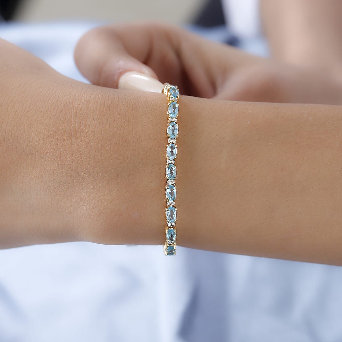 Madagascar Paraiba Apatite and Moissanite Tennis Bracelet in Vermeil Yellow Gold Over Sterling Silver (7.25 In) 7.60 Grams 7.35 ctw image number 2