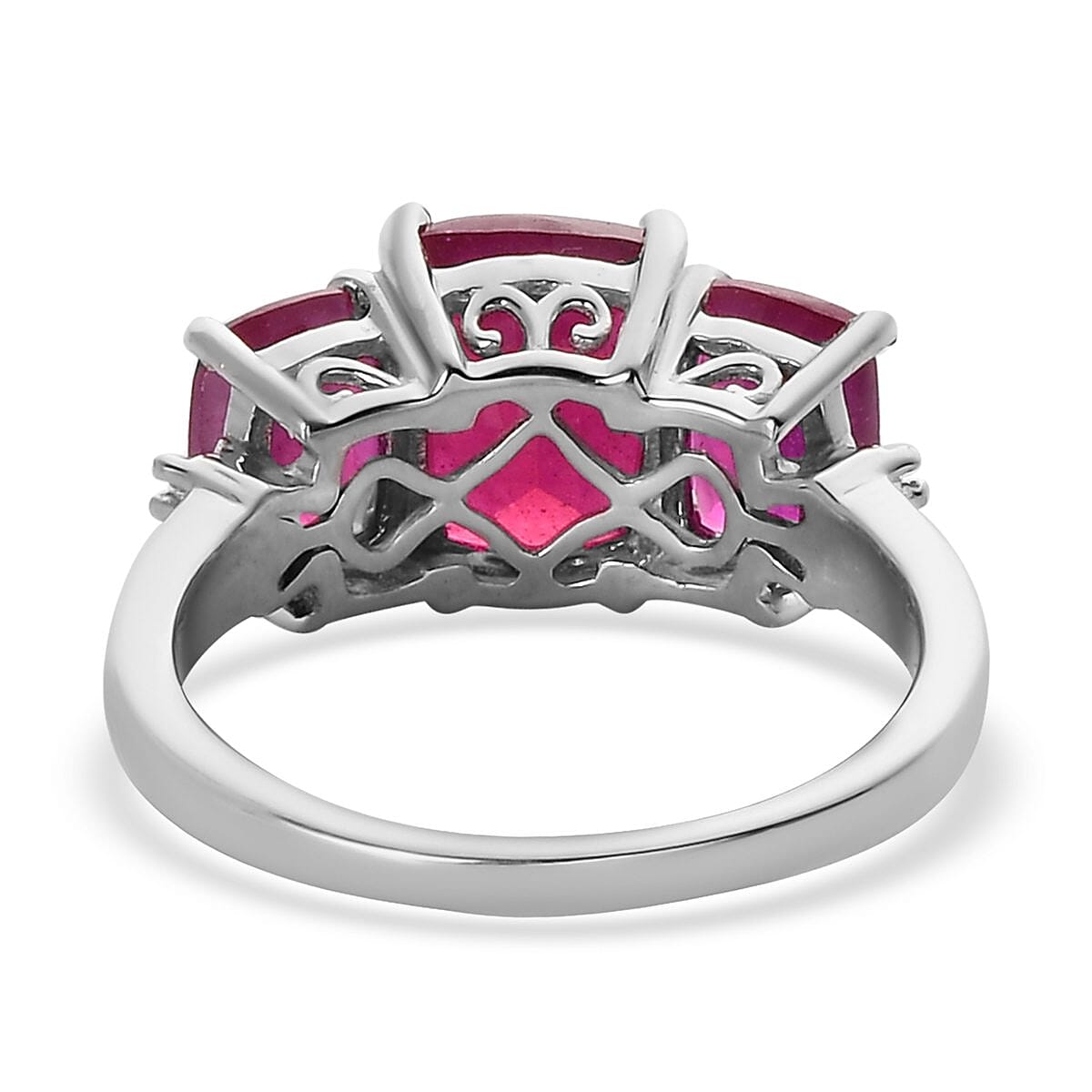 Niassa Ruby (FF) and Diamond 3 Stone Ring in Platinum Over Sterling Silver (Size 10.0) 6.35 ctw image number 4