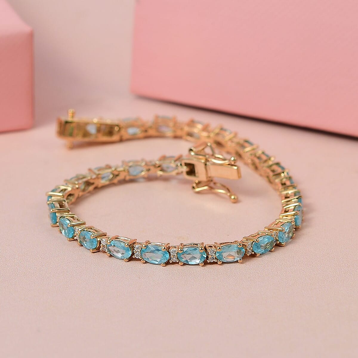 Madagascar Paraiba Apatite and Moissanite Tennis Bracelet in Vermeil Yellow Gold Over Sterling Silver (6.50 In) 6.50 ctw image number 1