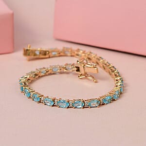Madagascar Paraiba Apatite and Moissanite Tennis Bracelet in Vermeil Yellow Gold Over Sterling Silver (6.50 In) 6.50 ctw