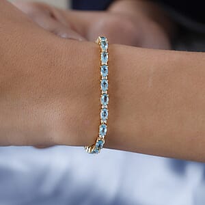 Madagascar Paraiba Apatite and Moissanite Tennis Bracelet in Vermeil Yellow Gold Over Sterling Silver (6.50 In) 6.50 ctw