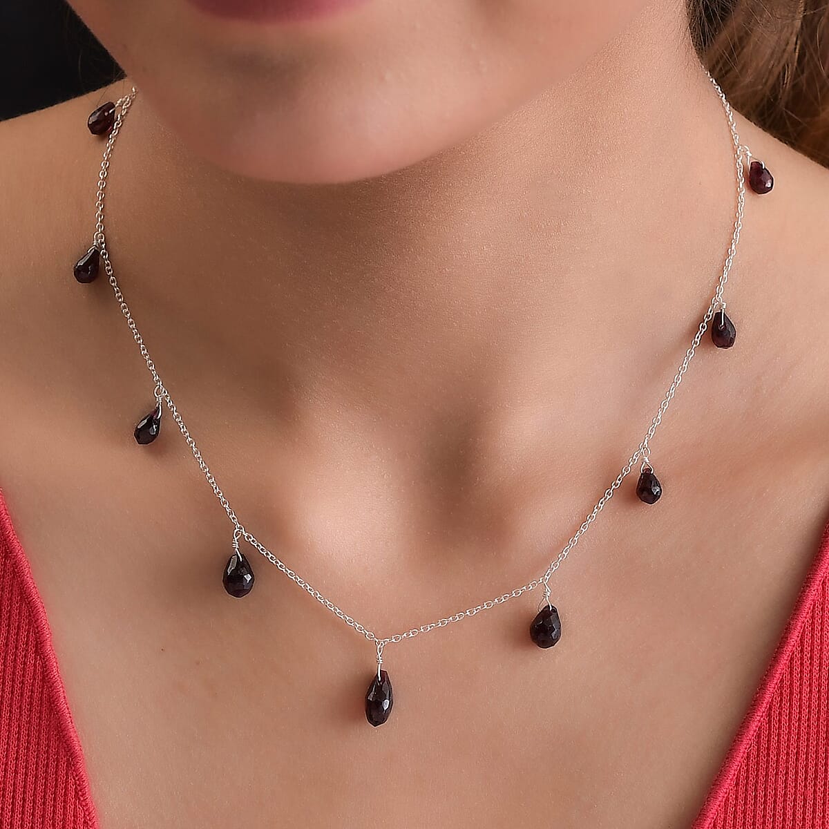 Mozambique Garnet Station Necklace 20 Inches in Sterling Silver 9.00 ctw image number 2