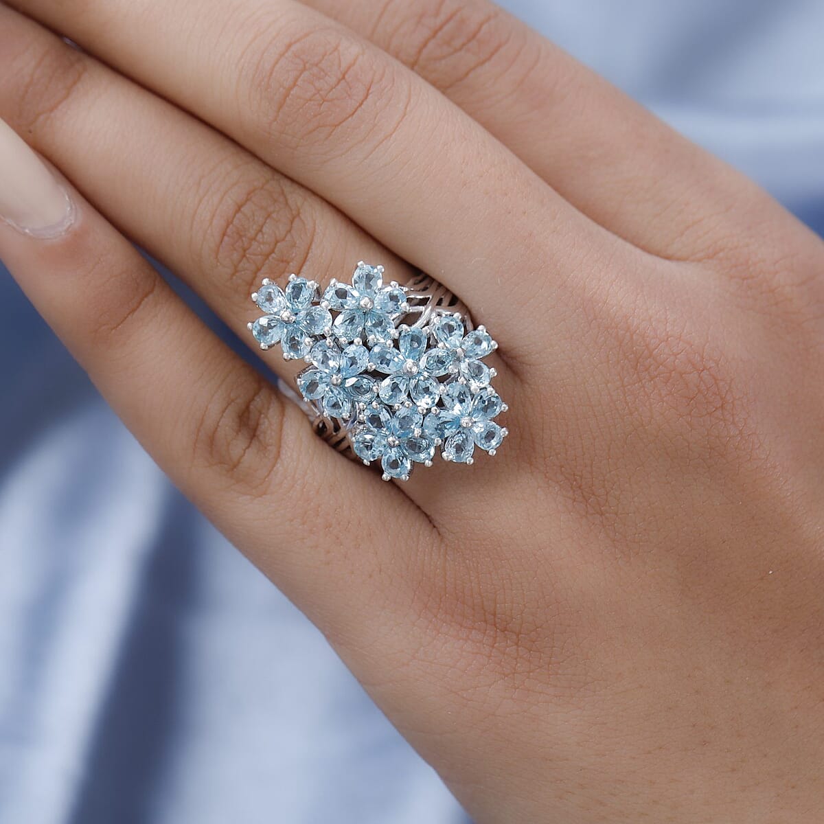 Madagascar Paraiba Apatite Floral Ring in Platinum Over Sterling Silver 5.50 ctw (Delivery in 3-5 Business Days) image number 2