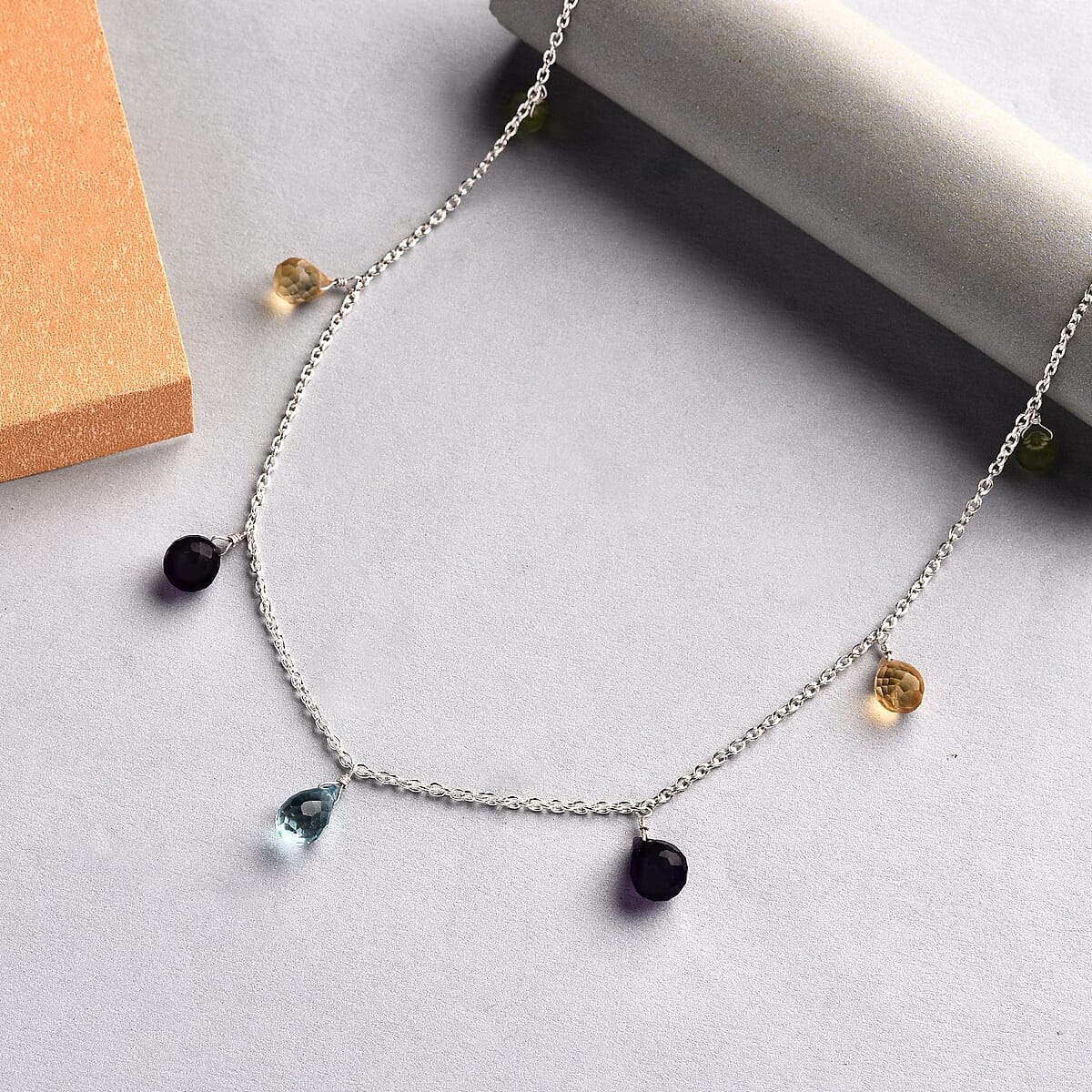 Multi Gemstone Station Necklace 20 Inches in Sterling Silver 11.25 ctw image number 1