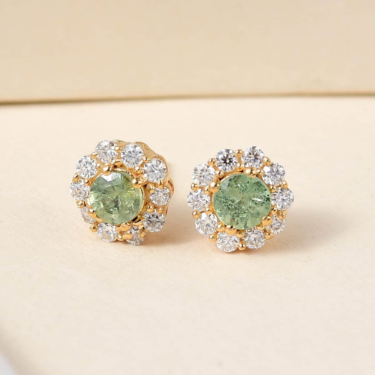 Ambanja Demantoid Garnet and Moissanite Floral Halo Earrings in Vermeil Yellow Gold Over Sterling Silver 1.00 ctw image number 1