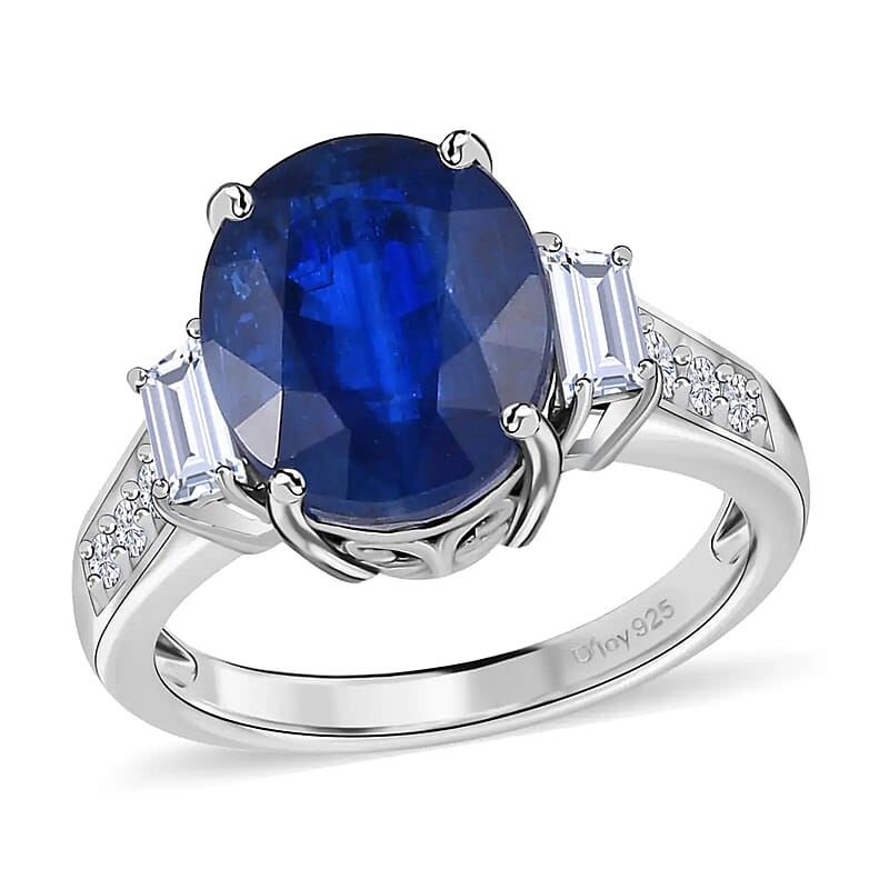 Kashmir Kyanite and Moissanite 7.00 ctw Ring in Platinum Over Sterling Silver, Promise Rings (Size 10.0)