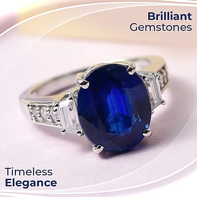 Kashmir Kyanite and Moissanite 7.00 ctw Ring in Platinum Over Sterling Silver, Promise Rings (Size 10.0)