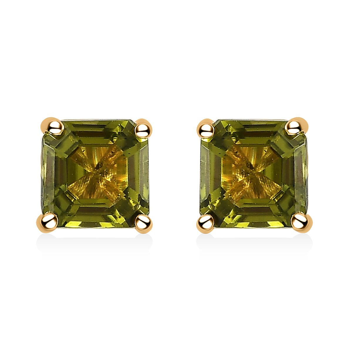 Luxoro 10K Yellow Gold Asscher Cut Premium Arizona Peridot Solitaire Stud Earrings 1.35 ctw